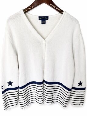 Charter Club White V-Neck Striped Star 100% Cotton Cardigan